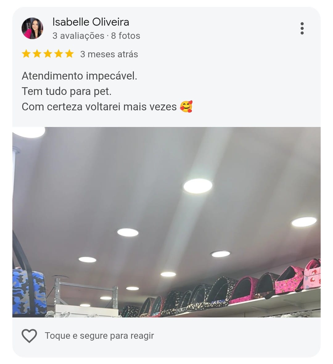 Avaliação 5 estrelas de Isabelle Oliveira no Google